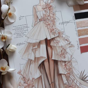May include: A fashion illustration of a wedding dress design. The dress features a layered skirt, floral embellishments, and a long train. The drawing is in shades of beige and peach, with details like a jeweled belt and delicate straps. Orchids and fabric swatches surround the drawing.