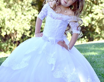 White Flower Girl Dress, Girls Tulle Princess Dress with Train, Communion, Baptist, Pageant, Toddler Party or Birthday Ball Gown – Scarlet