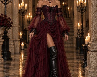 Custom Burgundy Chiffon Skirt & Detachable Sleeves, Victorian Gothic Draped Skirt, Renaissance Costume, Made to Measure