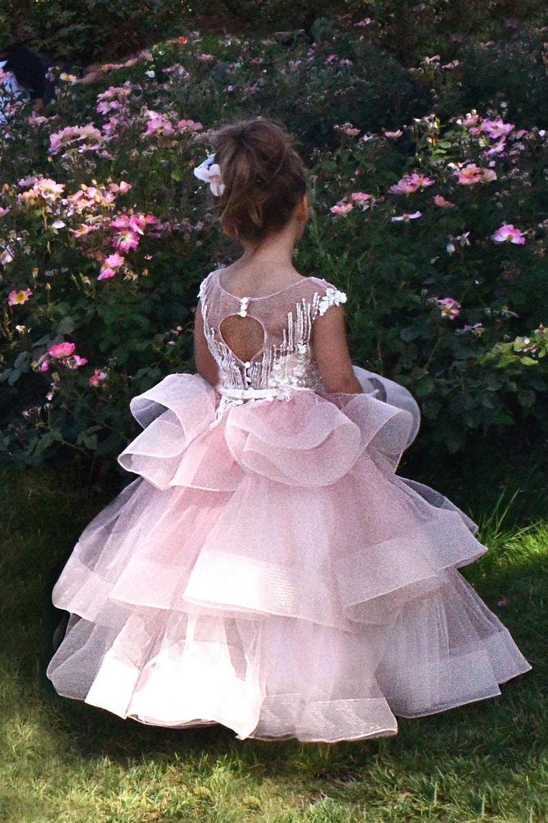 Pink flower girl dress Lace girls party dress Baby Toddler Birthday Princess Girls wedding dress First Communion Baptism Special occasion