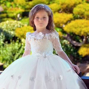 Ivory Flower girl dress Lace First Communion Baptism dress girls wedding party dress Toddler girl outfit -model Amber