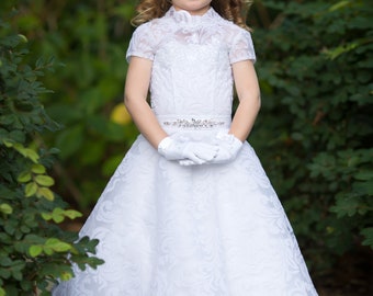 White Flower Girl Dress: Lace A-Line, Crystals, Size 4-5