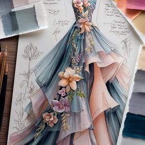May include: A fashion illustration of a flowing gown in shades of blue, peach, and lavender, adorned with floral embellishments. The design features layered ruffles and a one-shoulder neckline. Watercolor swatches and sketches surround the dress.