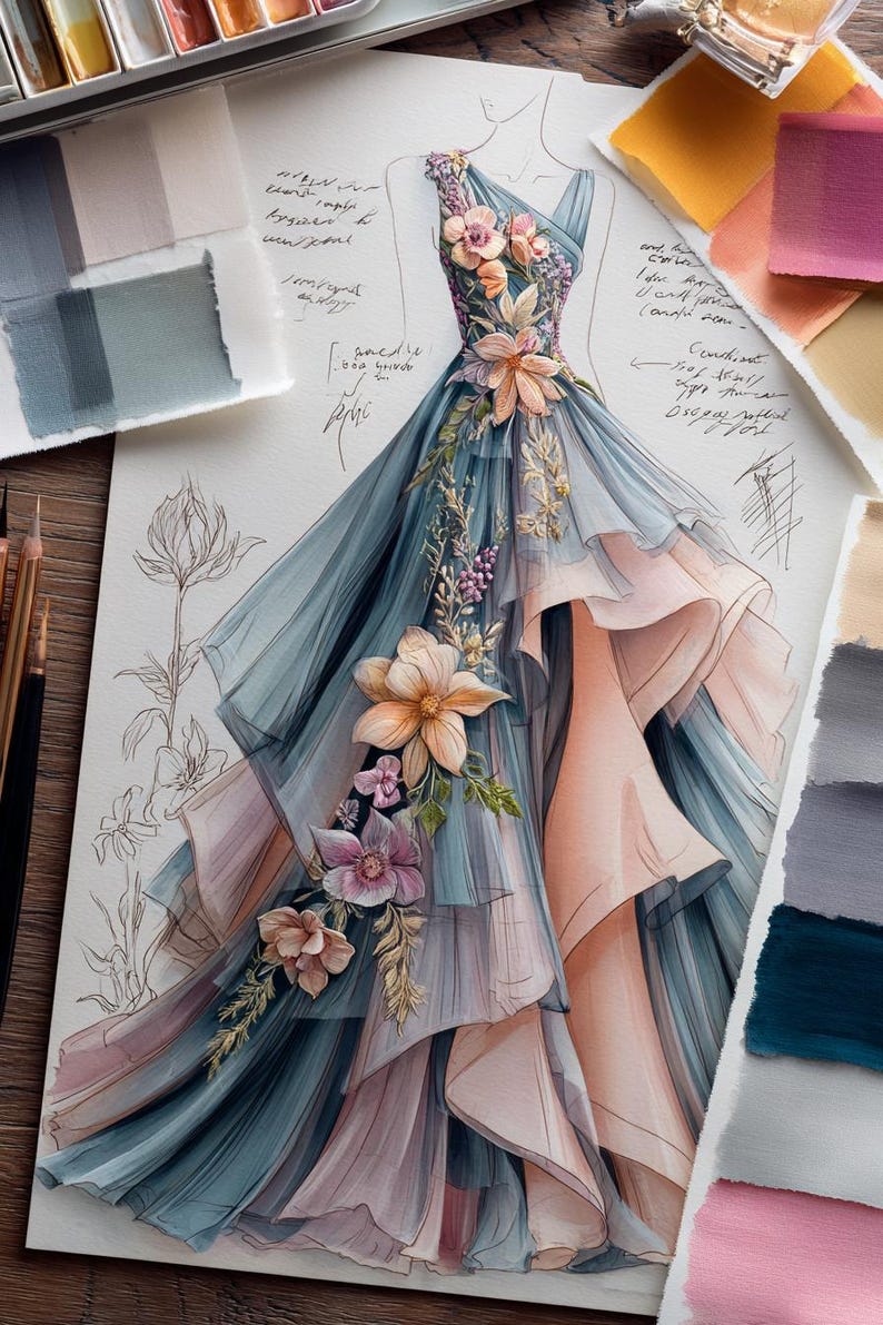 May include: A fashion illustration of a flowing gown in shades of blue, peach, and lavender, adorned with floral embellishments. The design features layered ruffles and a one-shoulder neckline. Watercolor swatches and sketches surround the dress.