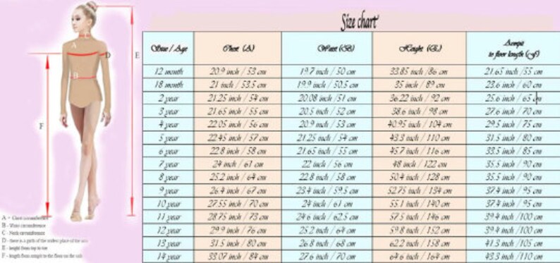 May include: Size chart for a leotard with measurements in inches and centimetres for different ages. The chart includes chest, waist, hip, height, and arm length measurements.