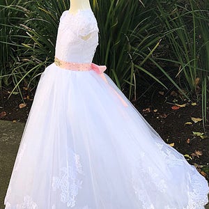Robe de baptême de première communion, robe de fille d&#39;honneur en tulle blanc, robe de bal de princesse en dentelle avec traine, robe de mariage d&#39;anniversaire pour bébé fille - Sonya