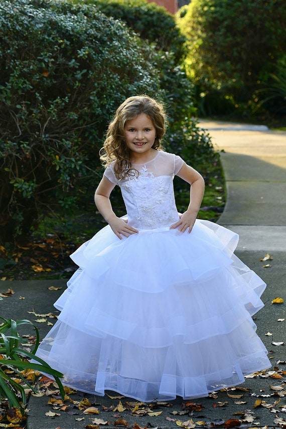 White Flower Girl Dress: 3D Floral Applique, Multi-Layered Skirt White Flower Girl Dress: 3D Floral Applique, Multi-Layered Skirt