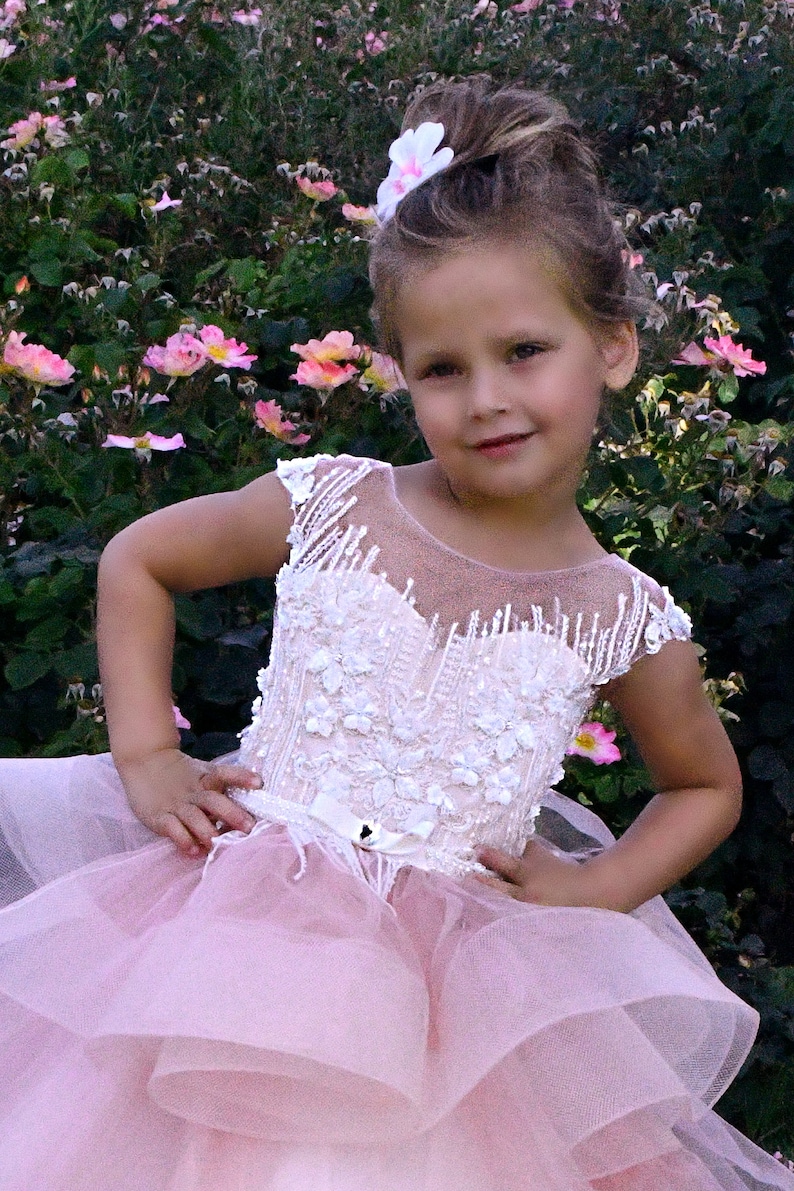 Pink flower girl dress Lace girls party dress Baby Toddler Birthday Princess Girls wedding dress First Communion Baptism Special occasion