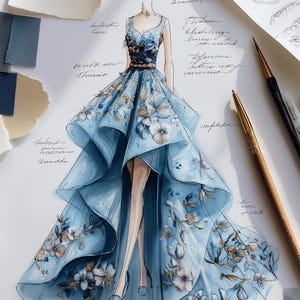 May include: A fashion illustration of a light blue gown with floral accents. The dress features a sweetheart neckline, a fitted bodice, and a layered skirt. The design includes sketches and notes, with paint swatches and brushes nearby.