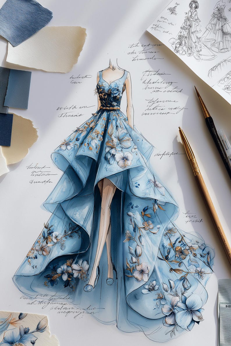 May include: A fashion illustration of a light blue gown with floral accents. The dress features a sweetheart neckline, a fitted bodice, and a layered skirt. The design includes sketches and notes, with paint swatches and brushes nearby.