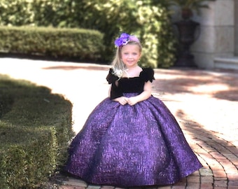 Purple Flower Girl Dress: Velvet Top, Off-Shoulder Princess Gown