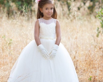 Tulle Flower Girl Dress with Train, Ivory Wedding Girl Dress, Lace Princess Ball Gown, First Communion Dress, Baptism Gown - Jamal