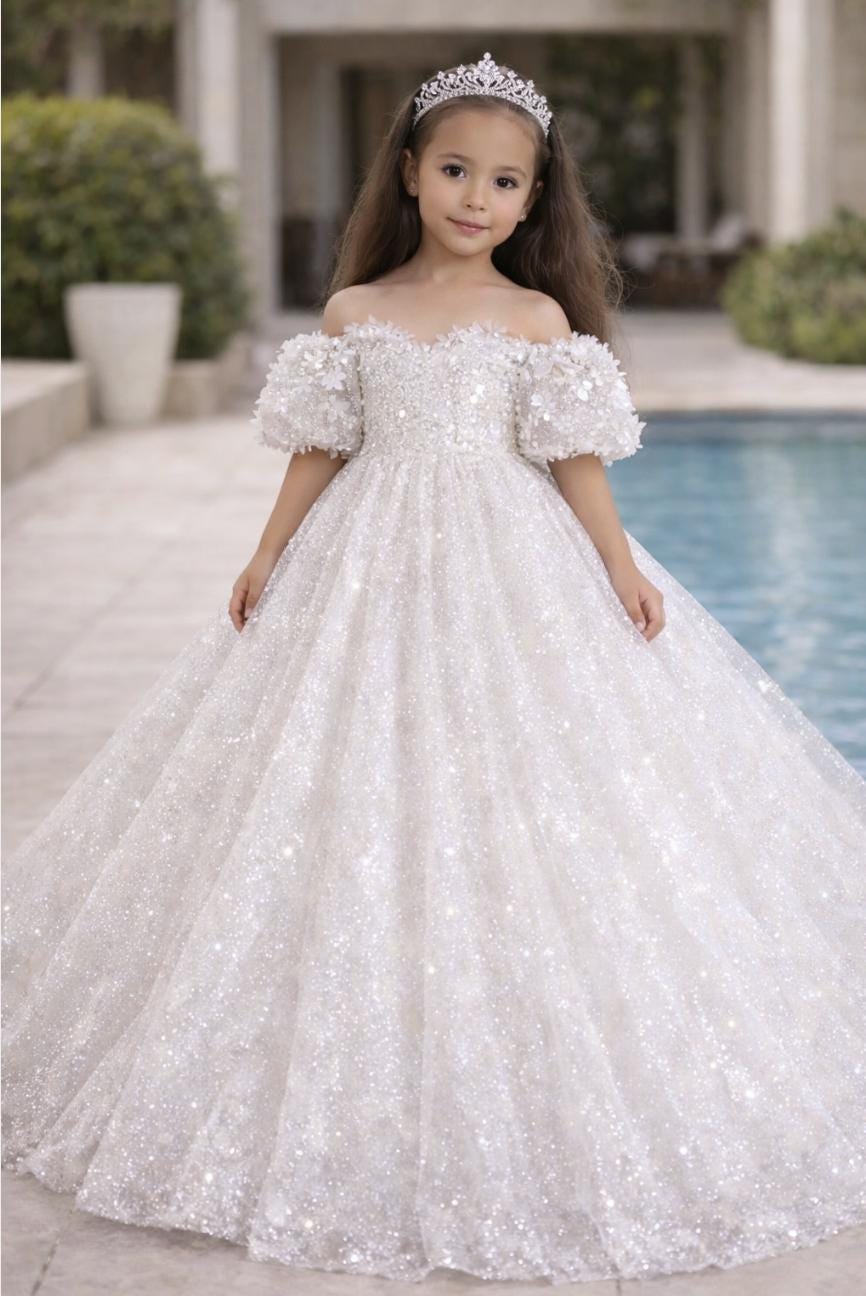green emerald velvet dress Lace Glitter Tulle Girls Dress 10 / White main image 1
