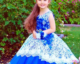 Blue Tulle Flower Girl Dress: Lace Applique Holiday Ball Gown