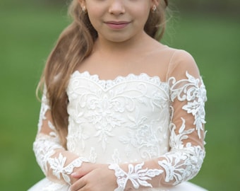 Ivory Flower Girl Dress, Tulle Princess Ball Gown with Train, First Communion, Baptism, Birthday Outfit for Baby Girl, Pageant Dress Madison