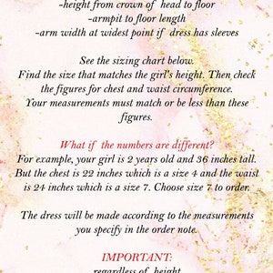 Puede incluir: Una gu&iacute;a sobre c&oacute;mo elegir la talla correcta para un vestido. El texto explica c&oacute;mo tomar las medidas del pecho, la cintura, la altura y la longitud del brazo. Tambi&eacute;n menciona que el vestido se har&aacute; de acuerdo con las medidas proporcionadas en la nota del pedido. El texto tambi&eacute;n menciona que hay tallas personalizadas disponibles para circunferencias de cintura de 27 pulgadas o 31 pulgadas.