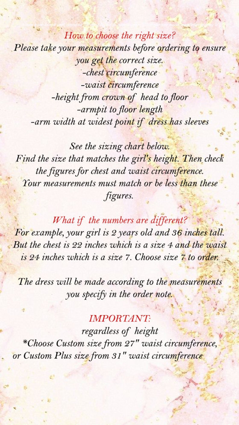 Puede incluir: Una gu&iacute;a sobre c&oacute;mo elegir la talla correcta para un vestido. El texto explica c&oacute;mo tomar las medidas del pecho, la cintura, la altura y la longitud del brazo. Tambi&eacute;n menciona que el vestido se har&aacute; de acuerdo con las medidas proporcionadas en la nota del pedido. El texto tambi&eacute;n menciona que hay tallas personalizadas disponibles para circunferencias de cintura de 27 pulgadas o 31 pulgadas.
