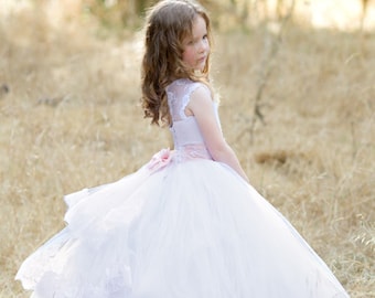 Vestido de niña de flores de encaje blanco: falda de tul, vestido de princesa de boda