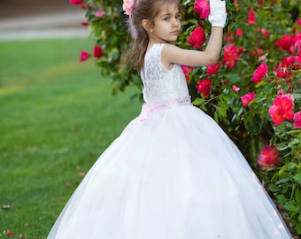 White Tulle Flower Girl Dress: Lace Bodice, Communion Gown