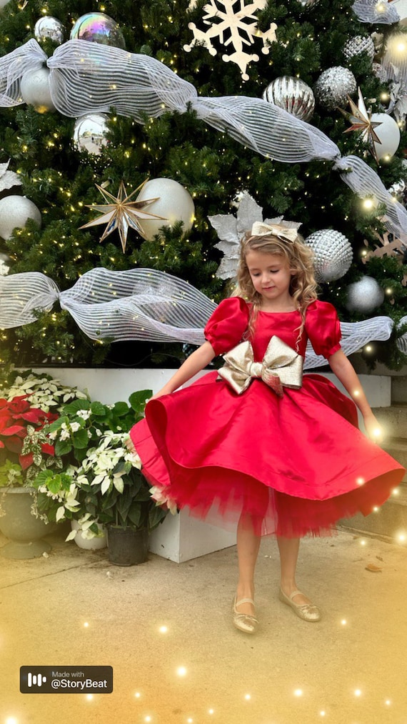 Red Satin Flower Girl Dress: High-Low Pageant Gown with Detachable Train