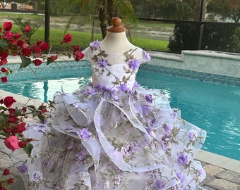 Purple Flower Girl Dress with Train, Pageant Princess Ball Gown, Tulle Wedding Birthday Toddler Dress – Romantic