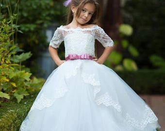 White Tulle Flower Girl Dress: Lace Corset Communion Gown with Train