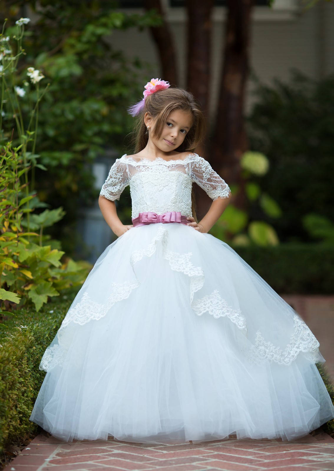 Lace off the shoulder flower girl dress 2025
