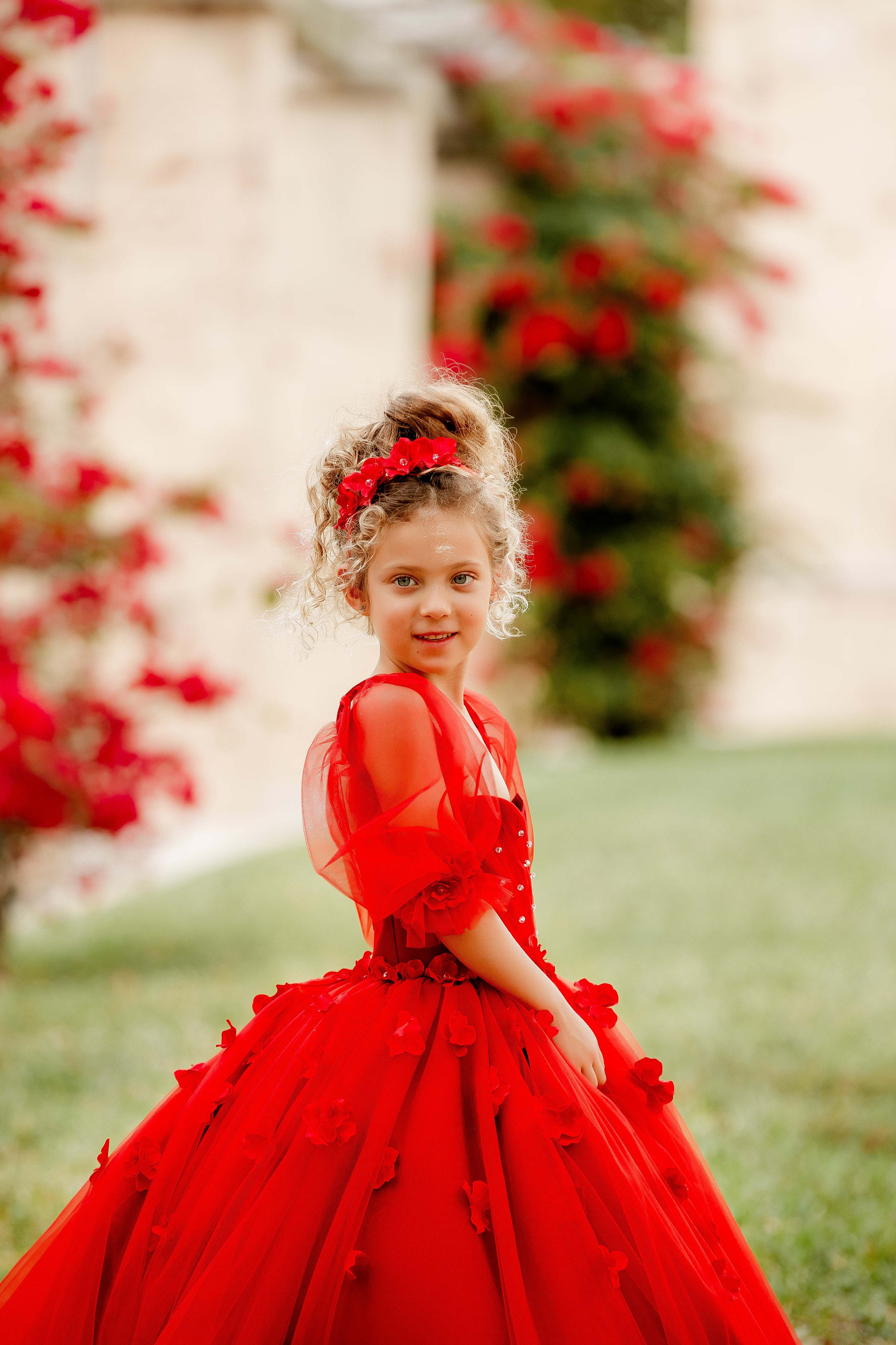 Red Flower Girl Dress with Train: Tulle Princess Gown- Taylor