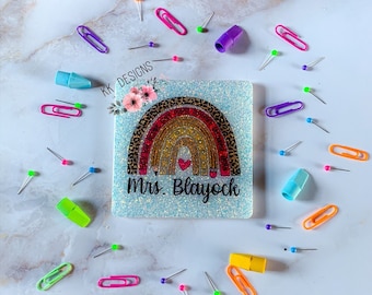 Montaña rusa de resina para maestros, montaña rusa de escritorio personalizada, leopardo, montaña rusa arco iris