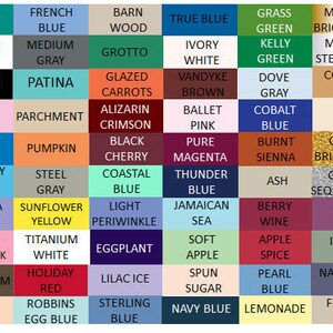 May include: A color chart featuring a grid of color swatches with names. Colors include "Aqua", "French Blue", "Barn Wood", "True Blue", "Grass Green", and "Metallic Bright Gold".