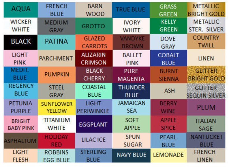 May include: A color chart featuring a grid of color swatches with names. Colors include "Aqua", "French Blue", "Barn Wood", "True Blue", "Grass Green", and "Metallic Bright Gold".