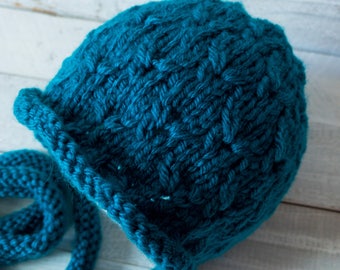 Bonnet - Baby Bonnet - Newborn Bonnet - Hat - Knitted Ties - Knit Bonnet -Newborn Photo Prop - Newborn Knit Prop