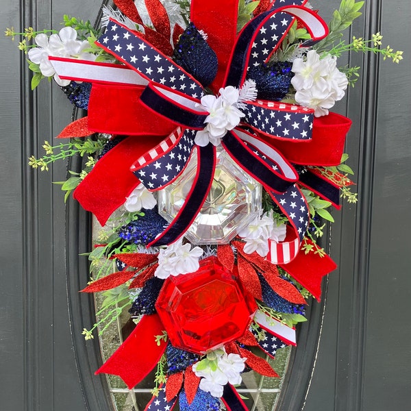 Patriotic Jewel Swag for Front Door, Red White and Blue Wreath, 4th of July Decorations, Luxury Decor, Patriotic Wreath, Swag with Jewels