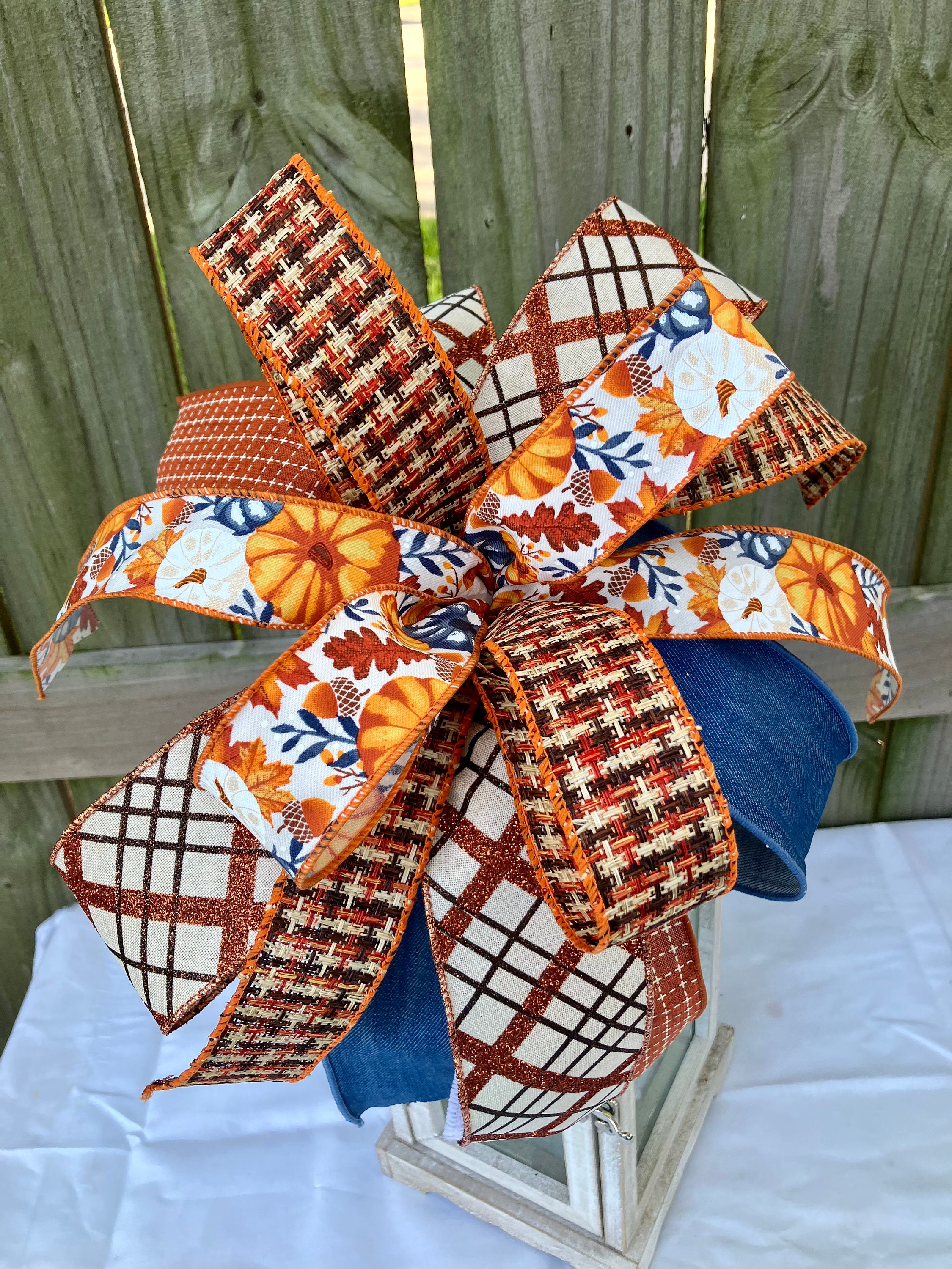 Fall Ribbon Bow Fall Bow for Wreath, Fall Bow for Lantern, Rustic Fall Bow, Wired ...