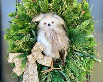 Woodland Owl Winter Wreath for Front Door, Rustic Greenery Christmas Door Decor with Owl, Holiday Front Door Wreath, Christmas Pine Wreath