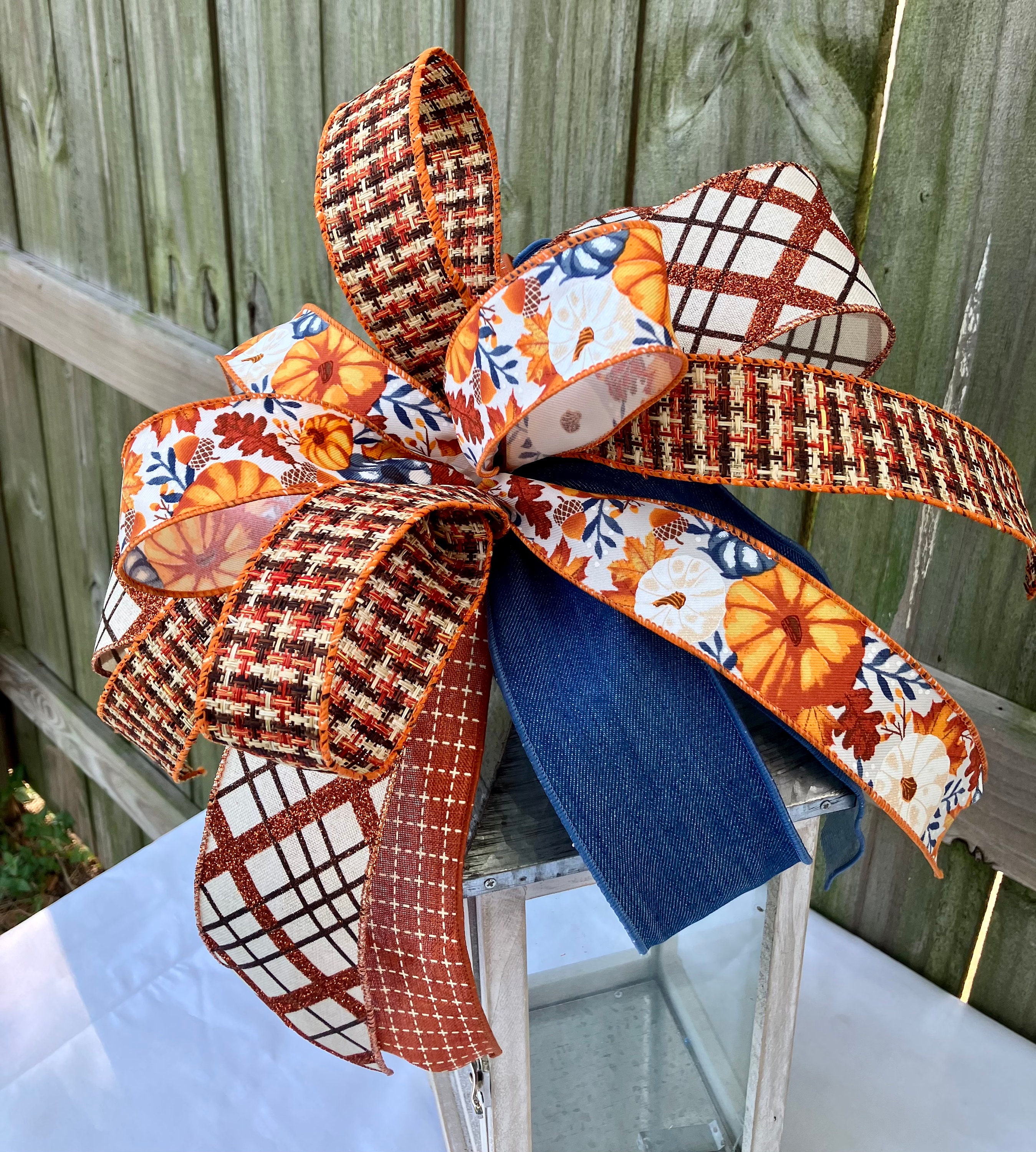 Fall Ribbon Bow Fall Bow for Wreath, Fall Bow for Lantern, Rustic Fall Bow, Wired ...
