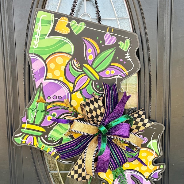 Mardi Gras Louisiana Door Hanger, Mardi Gras Fleur-de-Lis Decoration with Bow, Vibrant Carnival Colors, Party Home Decor, Louisiana State