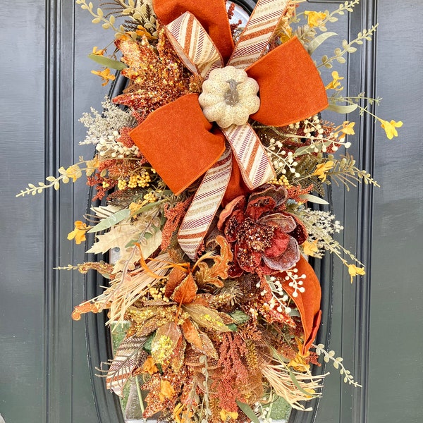 Glam Fall Swag for Front Door, Fall Decor with Magnolias, Fall Glam Swag, Orange and Gold Fall Pumpkin Swag, Elegant Fall Wreath, Fall Swag