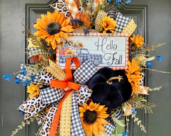 Fall Pumpkin Wreath, Navy Blue and Orange Wreath, Fall Welcome Wreath, Fall Wreath with Sunflowers, Elegant Fall Wreath, Truck Wreath, Reef
