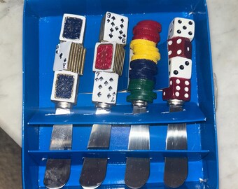 Vintage Boston Warehouse Poker Chips Dice Gambling Vegas Cheese Spreaders Set