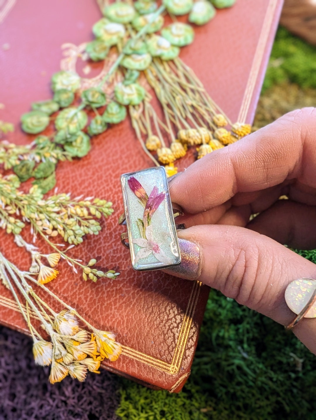 Wildflower Rings, Adjustable Flower Rings, Pressed Flower Jewelry