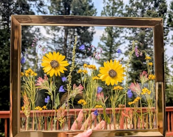 Könnte beinhalten: Ein rechteckiger goldfarbener Metallrahmen mit gepressten Wildblumen zwischen zwei Glasscheiben. Das Arrangement zeigt zwei gelbe Sonnenblumen, kleinere gelbe Blüten, blaue glockenförmige Blumen sowie rosa-grüne Pflanzenstängel.