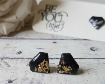 Pendientes de botón con forma de diamante en negro y oro, Pendientes de botón con forma de diamante negro, Pendientes de botón de titanio con oro negro, Regalo para tu mejor amiga, Pendientes de botón de oro negro