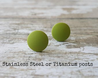 Lime green stud earrings, Titanium earrings green, Lime studs minimalist, Simple studs green, Everyday earrings lime studs, Green studs cute