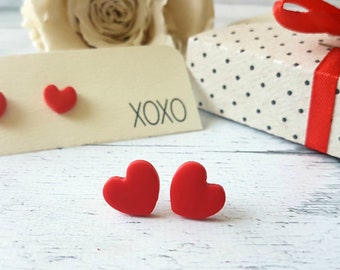 Heart studs, Red heart earrings, Gift for girlfriend, Red stud earrings, Heart earrings, Love earrings, Xo earrings, Romantic jewelry red