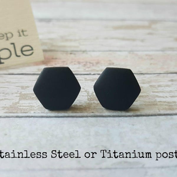 Hexagon stud earrings black, Black studs unisex, Titanium earrings hexagon black, Hexagon studs minimalist, Matte black studs for him or her