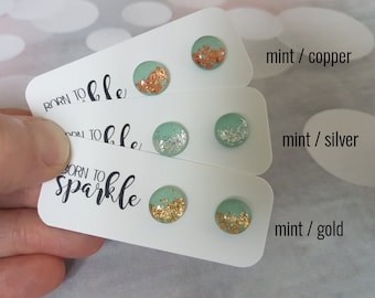 Mint green earrings stud, Mint jewelry sparkle, Contemporary earrings green, Mint stud earrings, Mint gold earrings, Copper mint studs