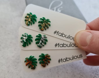 Monstera leaf earrings stud, Plant lover gift ideas, Plant earrings stud, Green earrings statement, Botanical earrings plant, Modern studs