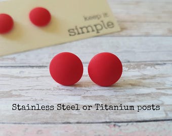 Red earrings minimalist, Red stud earrings, Earrings red, Red jewelry, Gift for her, Hypoallergenic earrings, Simple earrings, Everyday stud