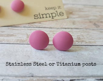 Pink stud earrings minimalist, Hypoallergenic earrings pink, Simple post earrings titanium, Light pink studs. Pink earrings everyday studs